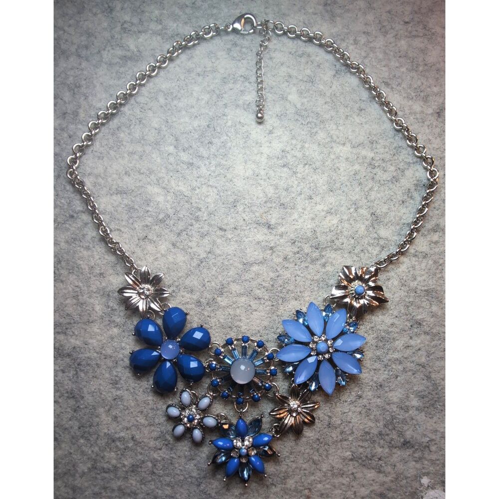 Blue Flower Collage Bib Statement Necklace Lobster Claw Clasp